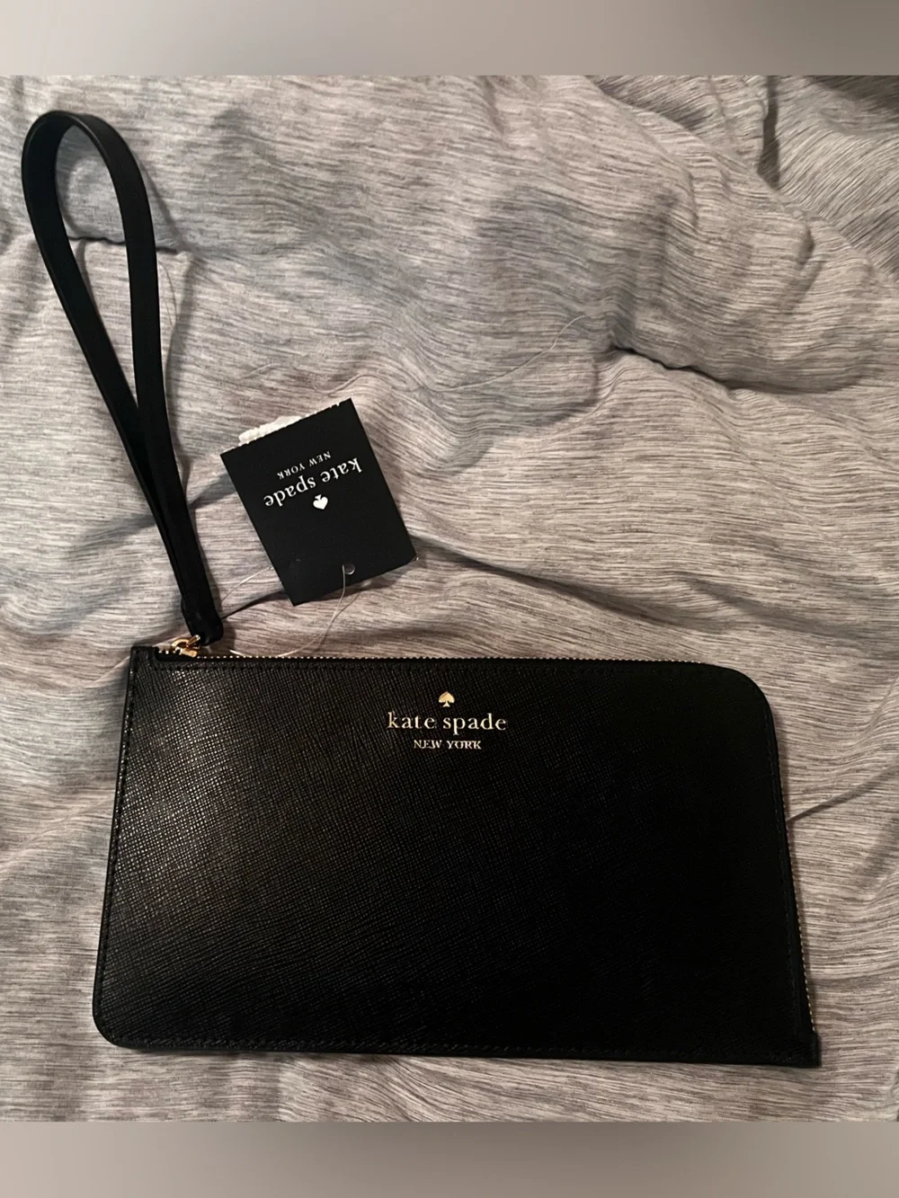 kate spade Lucy Black Leather Wristlet with Gold Logo NWT